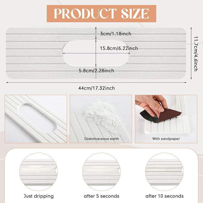 Teenyyou an Oval Hole White Faucet Mat Kitchen Sink 17.32" x 4.6" | Bathroom Faucet Absorbent Mat, Diatomite Splash Guard, Quick Drying Drip Catcher, Hole 6.22" x 2.28" - Image 2