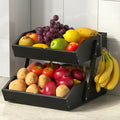2-Tier Bamboo Fruit Basket with 2 Banana Holders Black | Large tiered organizer for bread, snacks, veggies. Sturdy bamboo, includes mats & dividers. Easy to assemble. by Sevenblue