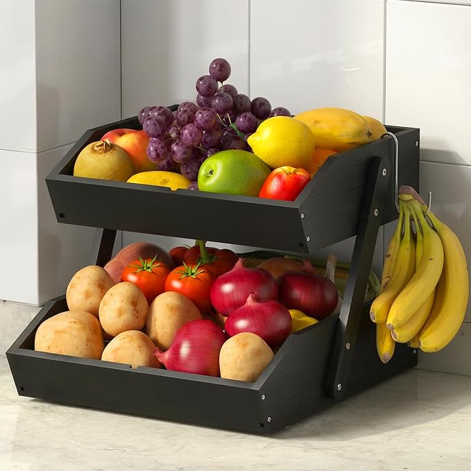 2-Tier Bamboo Fruit Basket with 2 Banana Holders Black | Large tiered organizer for bread, snacks, veggies. Sturdy bamboo, includes mats & dividers. Easy to assemble. by Sevenblue