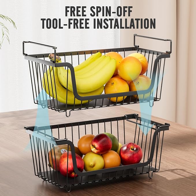 6 Pcs Stackable Wire Baskets for Pantry Organizers and Storage, | Vegetable Fruit Basket for Countertop,Kitchen Storage Metal Baskets,Produce Potato Onion Storage Bin,Black - Image 4
