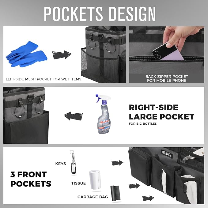 SCAVATA Wearable Cleaning Caddy Bag, Portable Cleaning Supplies Organizer | Cleaning Tool Storage with Handle & Shoulder Straps for Housekeepers, 4 Foldable Dividers, Home & Car Use, GraphiteGrey - Image 2