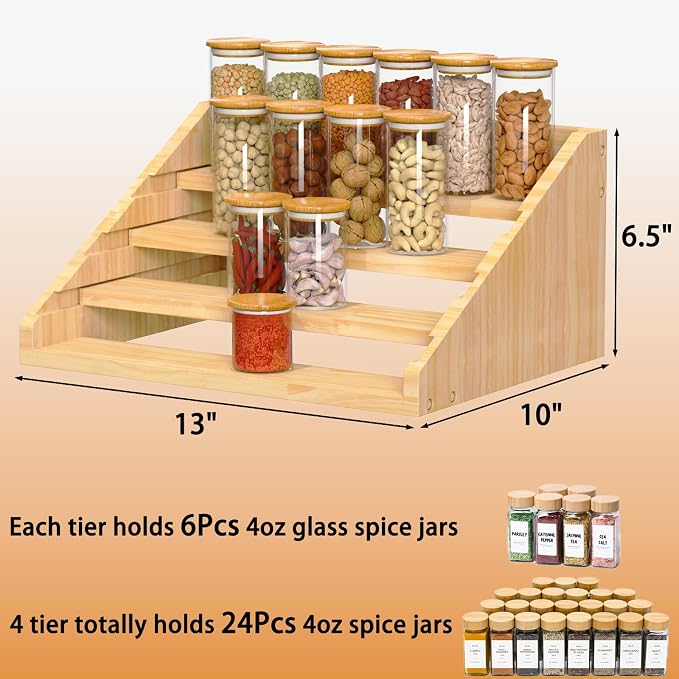 Solid Wood Spice Rack Organizer for Countertop & Cabinet, 4 Tier Adjustable Wooden Spice Shelf with Sliding Track, Premium Step Seasoning Bottle Holder for Kitchen, Pantry, Office, Natural Wood Color - Image 7