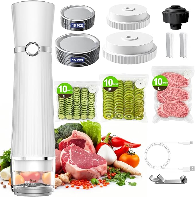 80kPa Vacuum Sealer for Food, Compact&Handheld Sealer for Meal Prep | 2000mAh Vacuum Sealer Machine, Cordless & Rechargeable Mason Jar Vacuum Sealer for Food Storage White(30Bags+30 Mason Lids) by Jexqizy