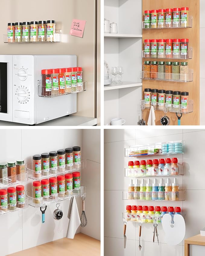 Nieifi Spice Rack Wall Mount, 4 Pack Clear, 2" Depth, Screw/Adhesive | Wall-Mounted with Removable Hooks Saves Counter Space, Fits 2" Deep Jars, Ideal for Kitchen Cabinets, Pantry Doors, and RVs - Image 6