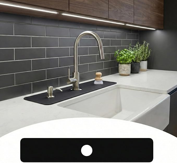 Cuttable Kitchen Sink Faucet Mat: 30" Lx5.5 W Splash Guard with Center Hole | "Customizable Absorbent Non-slip Fabric Rubber Mat, Cut to Fit 2,3,4 Holes Irregular Sink with Soap Dispenser Air Gap " by EazziSwitch