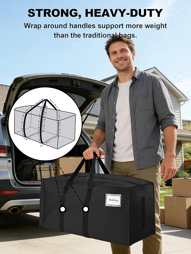 HOMESURE Supports 200lbs Heavy Duty Moving Bags - Strong Zipper & Wrap-Around Handles - Water-Resistant Storage Totes, Durable Alternative to Moving Boxes - 4 Pack - Black - Image 2