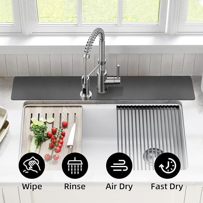 LOPNUR Cuttable Faucet Mat for Kitchen Sink, Extra Long 29 Inch, Dark Grey | Super Absorbent & Fast Dry Diatomite Sink Splash Guard, 0.8-2.4 Inch Adjustable Faucet Hole, Cut to Fit Bathroom & RV Sinks - Image 8