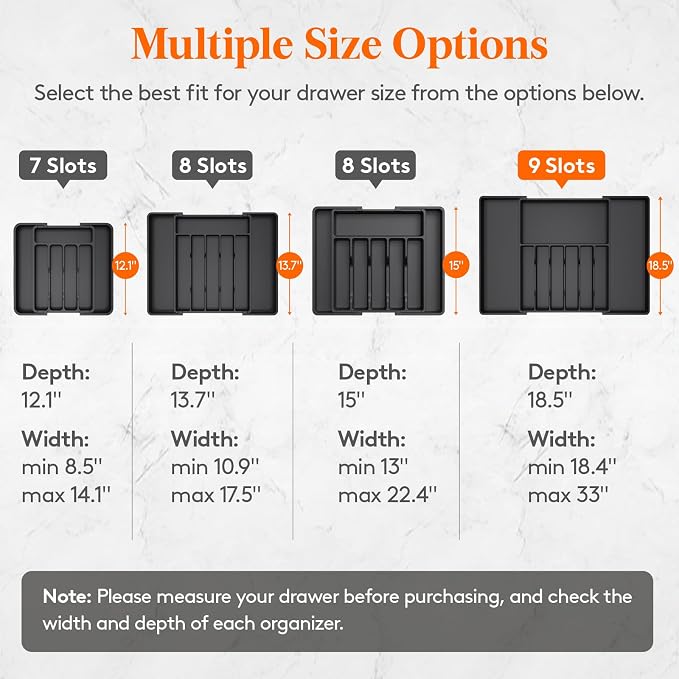 Lifewit Extra Large Silverware Drawer Organizer, Expandable Utensil Tray | BPA Free Flatware Cutlery Holder for Kitchen, Adjustable Plastic Storage for Spoons Forks Knives, 18- 33 x 18.5", Black - Image 2