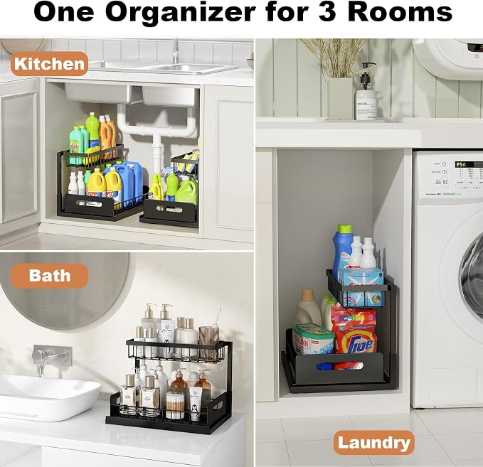 Under Sink Organizer, L-Shaped Pull Out Cabinet Organizer, Kitchen | 2 Tier Metal Slide Out Shelf for Kitchen, Bathroom, Laundry, and Utility Cabinet Storage for Deep Cabinets, Black, 1 Pack - Image 6