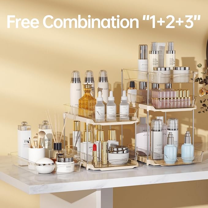 Delamu 2 Pack 3-Tier Bathroom Under Sink Organizers and Storage, Multi-Purpose Stackable Pantry Organization and Storage, Pull Out Clear Kitchen Bathroom Cabinet Organizer with Movable Dividers, Beige - Image 3