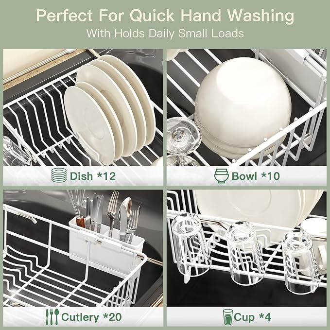 White Dish Drying Rack Over Sink with Utensil Holder, Drainboard | Expandable Stainless Steel Dish Drainer for Small Kitchen, Apartment, RV, Counter Space Saving, Perfect Fit, Rustproof - Image 7