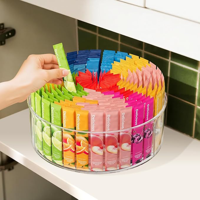 Divided Drink Packet Organizer, Largr Rotating Clear Lazy Susan Turntable | for Powdered Drink Mix, Water Drink Packet Holder, Water Flavor Packet, Coffee, Tea – Space-Saving Countertop Organizer - Image 3