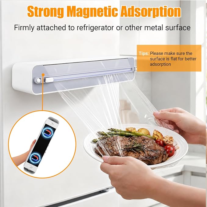 Magnetic Plastic Wrap and Foil Dispenser with Cutter | Magnetic & Adhesive Mounting, Fits for Max 12.8In x 328Ft of Plastic Wrap, 12.8In x 164Ft of Foil & Parchment Paper - Image 3