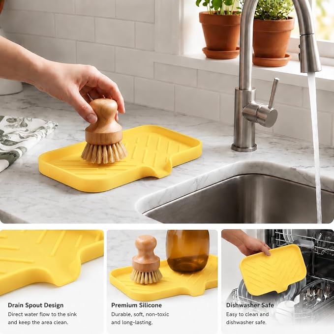 MicoYang Silicone Soap Dish with Drain Spout — Self-Draining Sink Organizer Tray for Bathroom & Kitchen, Sponges, Dispensers & Soap Holder, Non-Slip & Dishwasher Safe, Yellow (Medium, 9.6"×5.3") - Image 4