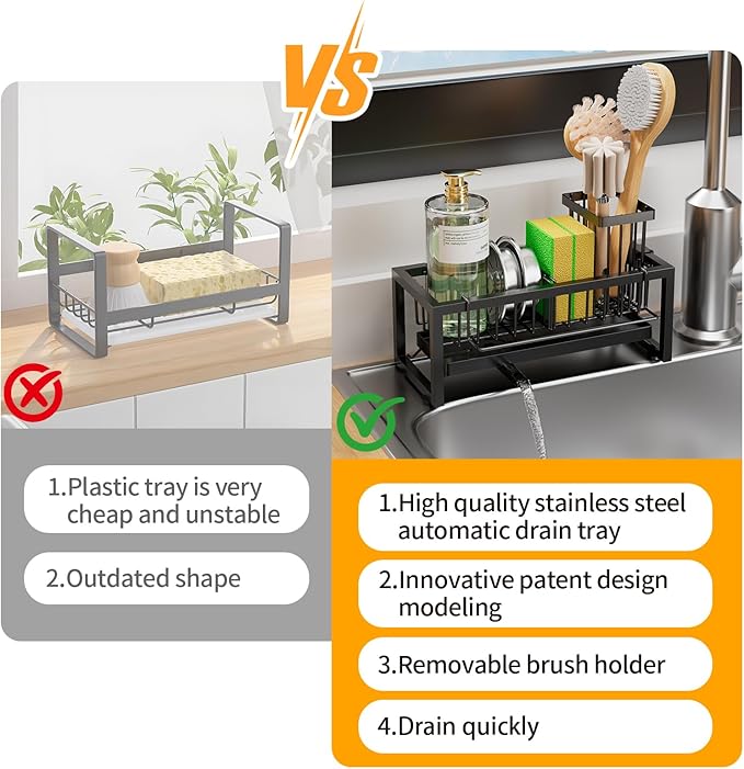 Sponge Holder for Kitchen Sink, 304 Stainless Steel Sink Caddy with Tall Brush Holder & Self-Draining Tray, 3-Compartment Countertop Organizer for Dish Soap Dispenser, Sponge, Scrubber, Black - Image 5
