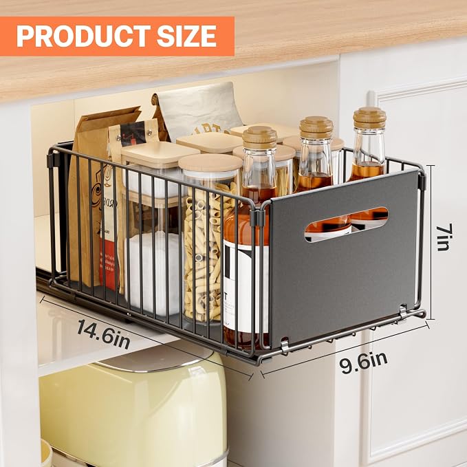 Pull Out Spice Racks for Inside Cabinets, Heavy Duty Under Sink Pull Out Organizer 2 Pack, Slide Out Drawers for Kitchen Cabinets, Bathroom, Pantry Organizers, 14.6”D x 9.6" W x 7" H, Black - Image 2