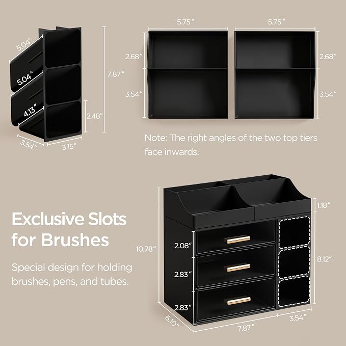 HBlife Cologne Organizer for Men Makeup Organizer Countertop with Brush Holder, Large Bathroom Counter Organizer with Drawers, Plastic Dresser Organizer Storage Fathers Day Gift for Dad Husband, Black - Image 3