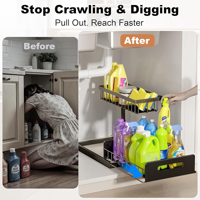 Under Sink Organizer, L-Shaped Pull Out Cabinet Organizer, Kitchen | 2 Tier Metal Slide Out Shelf for Kitchen, Bathroom, Laundry, and Utility Cabinet Storage for Deep Cabinets, Black, 1 Pack - Image 4