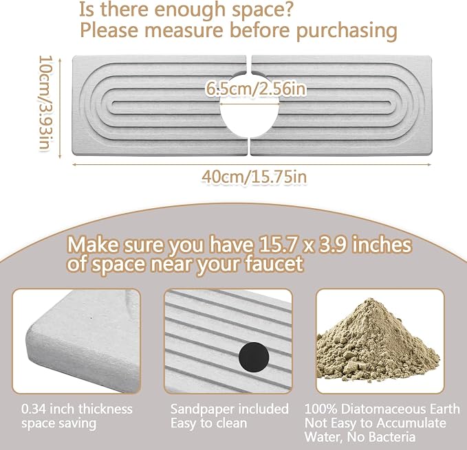 Jiozermi 15.8" Diatomite Faucet Mat for Kitchen Sink, Light Grey | Diatomite Stone Sink Tray, Faucet Sink Splash Guard, Absorbent Mat, For Kitchen Bathroom Faucet Sink, 15.8" x 3.9" - Image 2