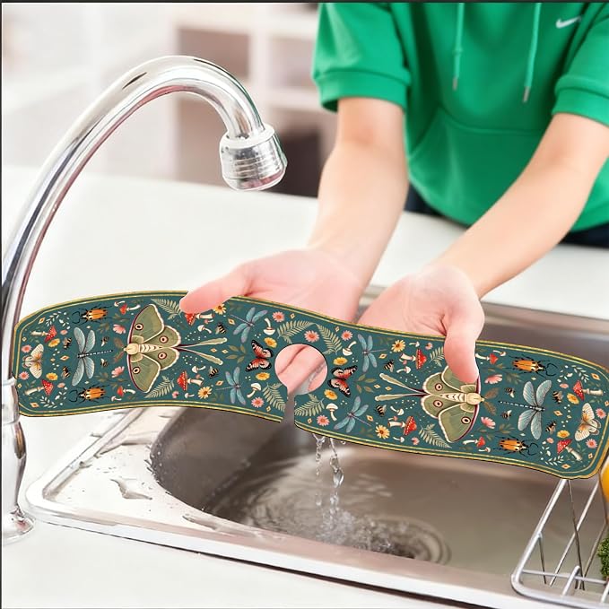 2 Pcs Kitchen Sink Splash Guard Faucet Mat Vintage Green Insects and Plants Faucet Mat for Sinks Absorbing Drying Mat for Kitchen Bathroom, 23.6x5.5inch - Image 6