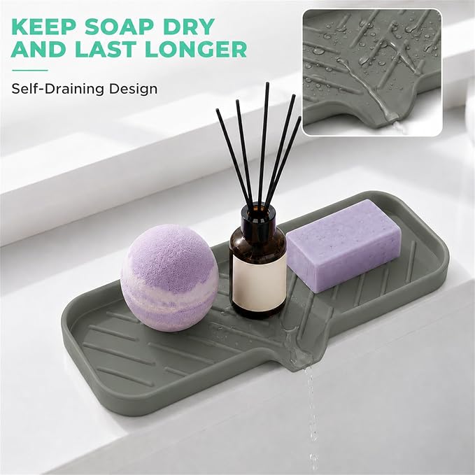 MicoYang Silicone Soap Dish with Drain Spout — Self-Draining Double Sink Organizer Tray for Kitchen & Bathroom, Dispensers, Sponges & Soap Holder, Non-Slip & Dishwasher Safe, Grey (Large, 12"×4") - Image 7