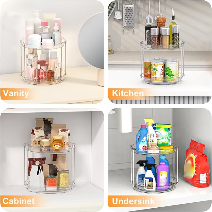 360 Rotating Makeup Organizer, 2 Tier Skincare & Perfume Holder for Bathroom Counter, Clear Spinning Vanity Tray, Lazy Susan Turntable Organizer for Dresser, Kitchen Cabinet - Image 6