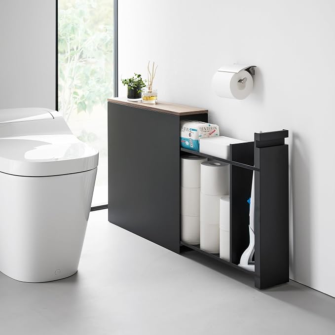 Yamazaki Home Pull-Out Bathroom Storage Cabinet with Wood Top, Black | Slim space-saving bathroom storage cabinet with a natural wood top. Clever pull-out design. Holds 12 rolls of toilet paper. - Image 2