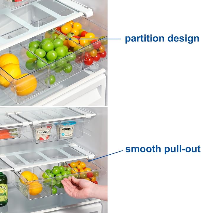 Pull-Out Fridge Drawer Organizer - Under Shelf Storage Bins for Refrigerator Organization for Fruits Vegetables, Cheese & Deli (3.35" Height x 8.66" Width + dividers) - Image 5