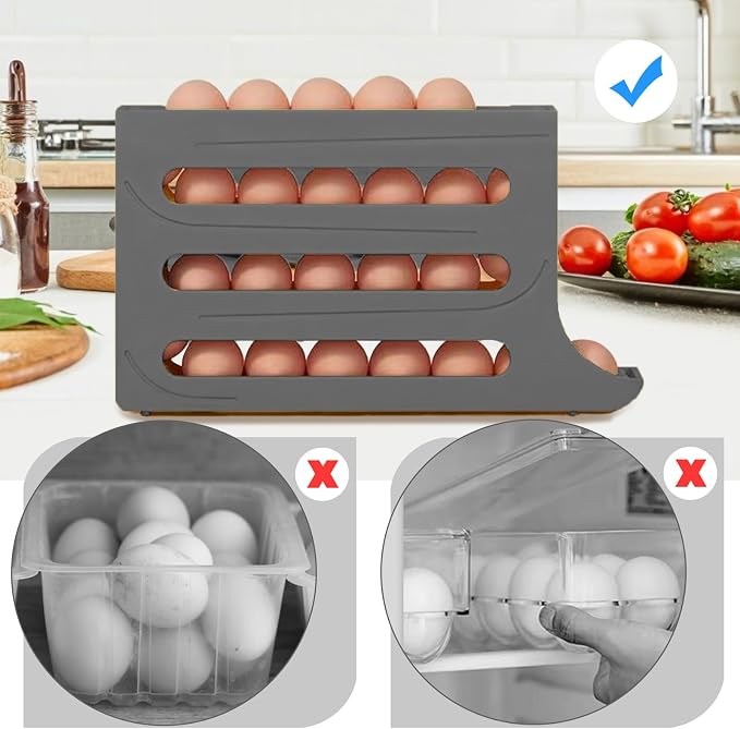 Egg Holder for Fridge, 4 Tiers Dispenser, 30 Egg Container Refrigerator, Large Capacity Organizer Automatic Fridge Rolling Egg Container for Pantry Countertop (Grey) - Image 4