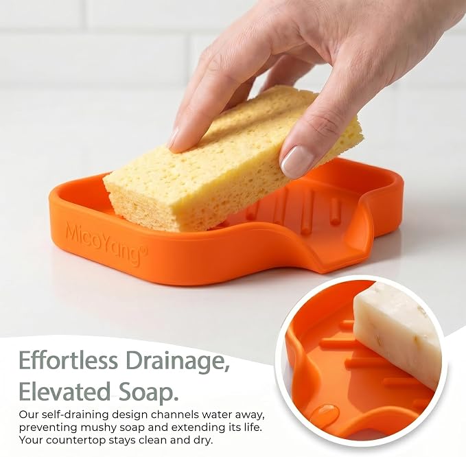 MicoYang Silicone Soap Dish with Drain Spout, Self-Draining Sink Organizer Tray for Bathroom and Kitchen, Sponges, Dispensers and Soap Holder, Non-Slip and Dishwasher Safe, Orange (Compact, 4.9"×3.2") - Image 7
