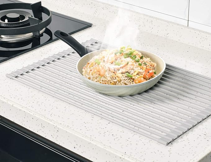 20.5 x 13.1 Inch Roll-Up Dish Drying Rack, Fits Across Sink Openings up to 19.5 Inches, Heavy-Duty Premium Silicone, Strong Support, Non-Slip, Heat-Resistant, Warm Gray - Image 8