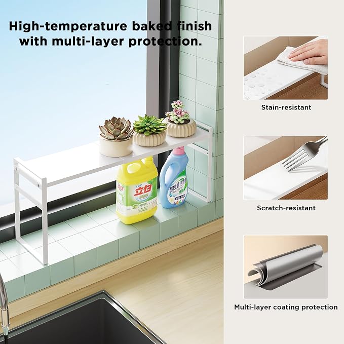 Expandable Narrow Shelf Organizer with 2-Level Adjustable Height | White, Tall Countertop Organizer for Tight Spaces, Windowsill Plant Stand, Over-Sink/Faucet Shelf, Kitchen Counter Storage - Image 7