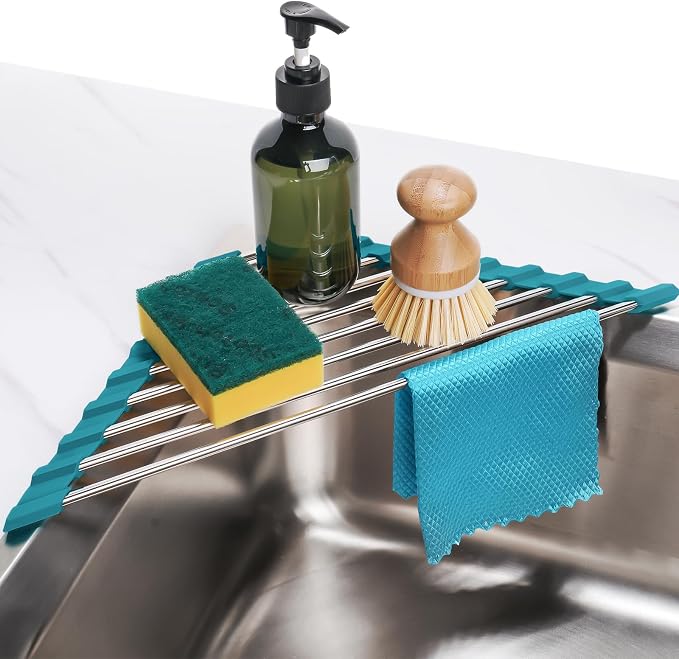 Tomorotec Triangle Roll-Up Dish Drying Rack for Sink Corner Small Foldable Stainless Steel Over The Sink Multipurpose Kitchen Drainer Caddy Organizer Storage Shelf Holder (Dark Green) | BPA-Free Food-Grade Silicone Edges Foldable Waterproof Rustproof H... by Tomorotec