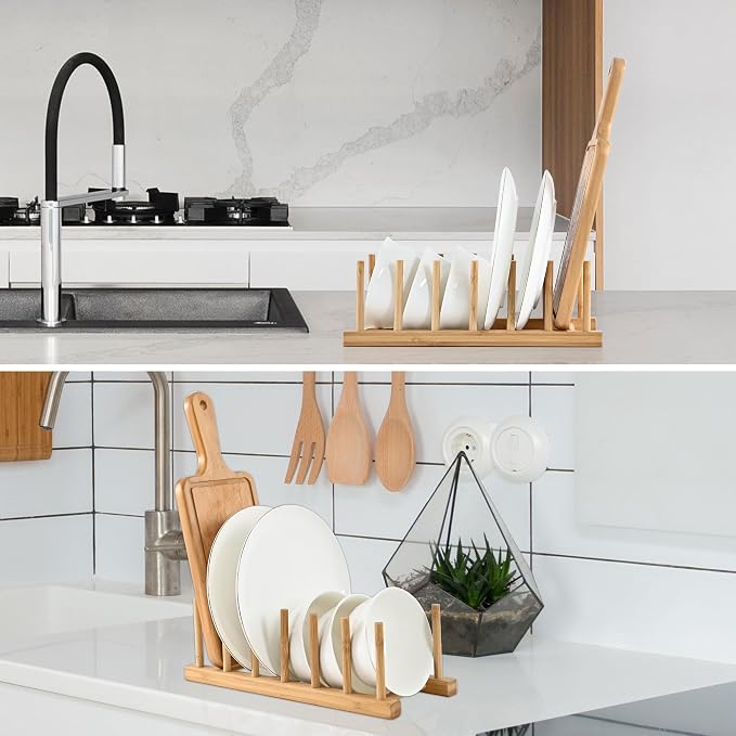 INNERNEED Bamboo Wooden Dish Rack, Vertical Plate & Lid Organizer | for Kitchen Cabinet or Countertop, Drying Stand for Dishes, Cutting Boards - Image 6