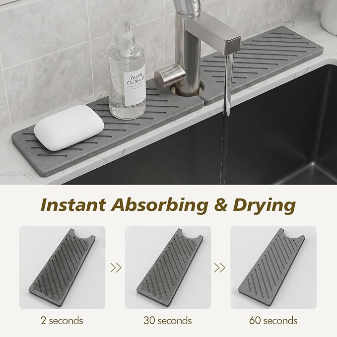 Stone Faucet Mat for Kitchen Sink,Absorbent Drying Mat(Dark Gray,23.6"×3.9" | Fast Drying Sink Splash Guard & Water Tray for Bathroom Counter,Quick Dry Sink Protector Kitchen Accessories - Image 5