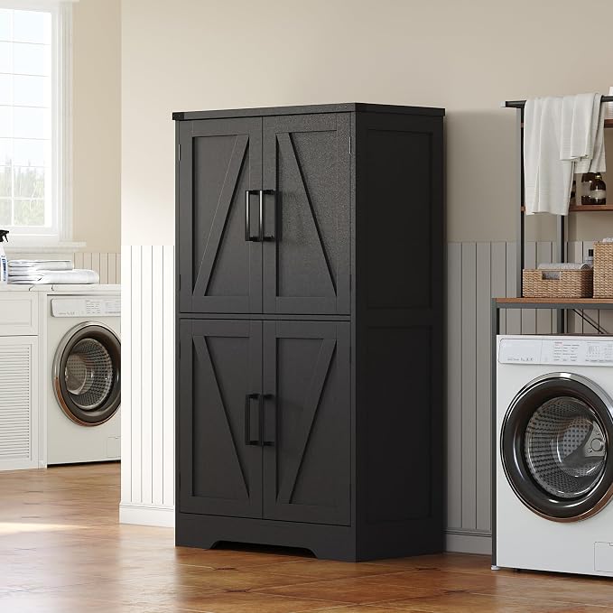 Treocho Farmhouse Bathroom Floor Cabinet with Adjustable Shelves | 13.78"D x 23.62"W x 43.46"H, Freestanding Kitchen Pantry Cabinet, Cupboard for Living Room, Dining Room, Black by Treocho