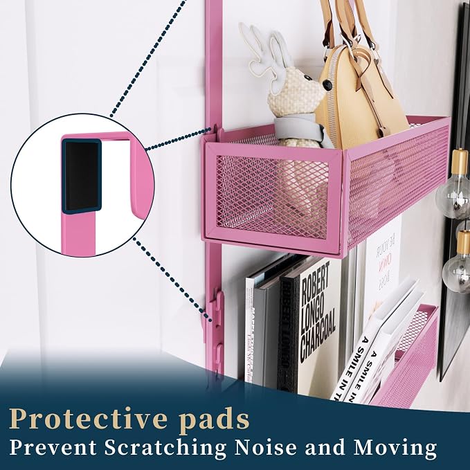Consumest Over The Door Hooks Organizer - 3 Tier Door Hanger with 9 Coat Hooks & 2 Mesh Basket, Back Storage Organizer Hanging Towels for Bathroom, Bedroom, Pink - Image 3