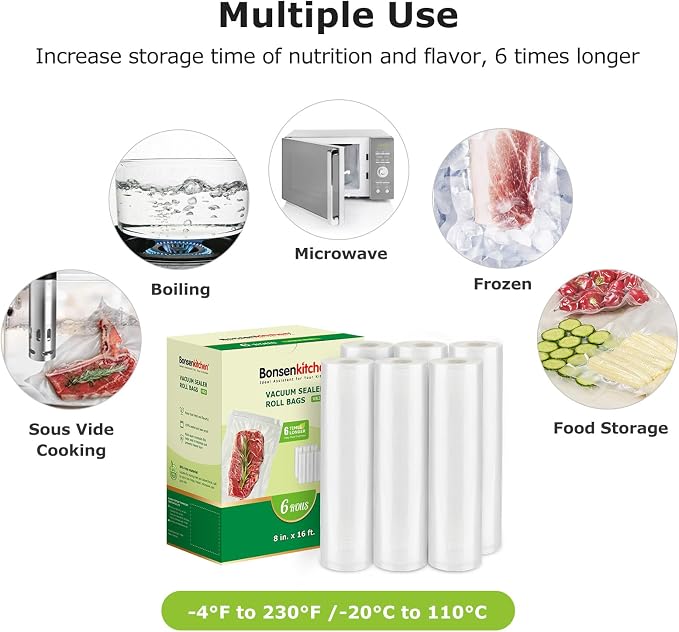 Bonsenkitchen 6 Rolls 8" x 16' Vacuum Sealer Bags for Food with a Color Box | Commercial Grade, Food Storage or Sous Vide, Puncture Resistant Heavy Duty Design, BPA Free Food Grade Safe Material, VB20 - Image 6