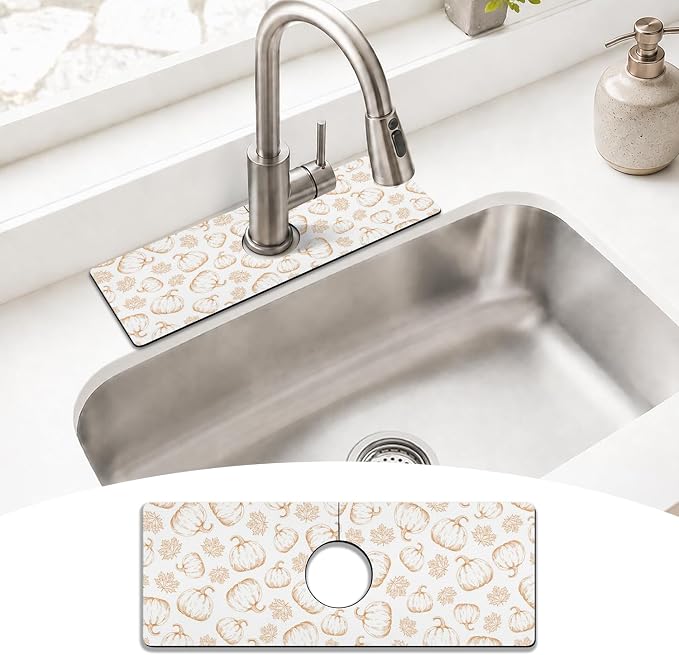 Fall Kitchen Sink Splash Guard Faucet Mat,White Maple Leaf Pumpkin Autumn Thanksgiving Faucet Non-Slip Absorbent Mat,Farmhouse Sink Splash Guard Behind Faucet for Kitchen Bathroom, 15"x5.5" by puwbnhj