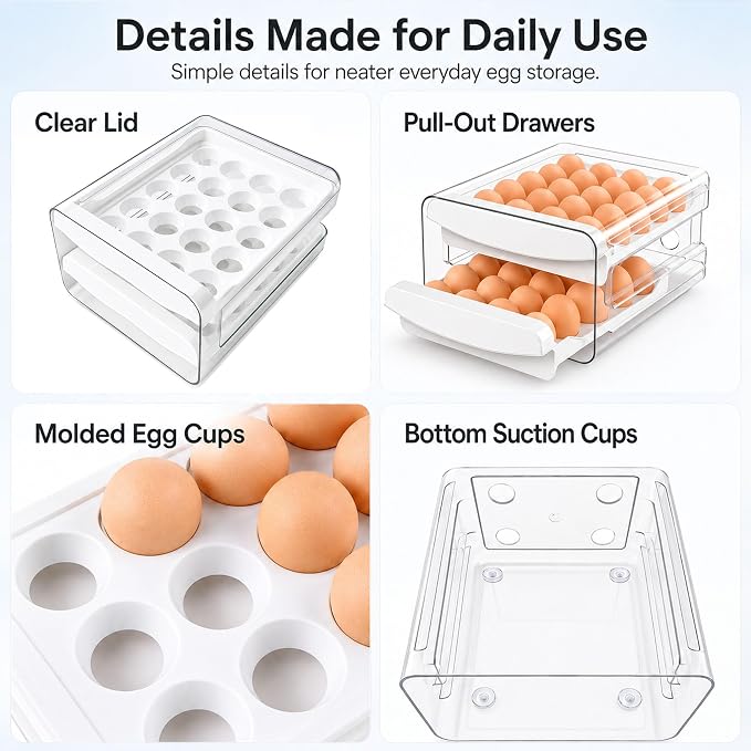 Egg Holder for Fridge, 40-Egg Refrigerator Organizer with Drawers | Egg Storage for Refrigerator, Clear Egg Container, 2-Tier Egg Tray for Fridge, Stackable Lid, BPA-free PET and PP, Hand Wash. - Image 6