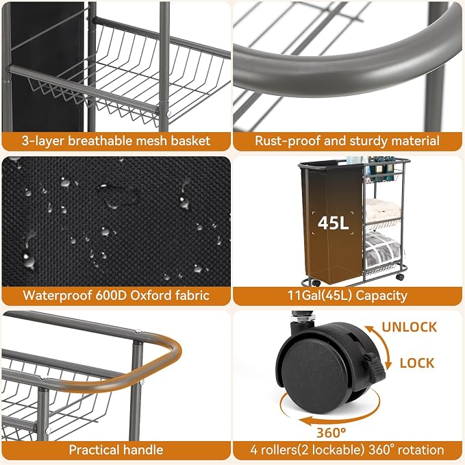 3-Tier Rolling Laundry Cart with Wheels and 45L Bag, Black | Between Washer and Dryer, Heavy Duty, For Narrow Space Laundry Room Bathroom Bedroom - Image 4