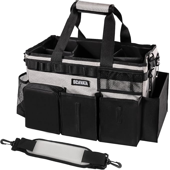 SCAVATA Wearable Cleaning Caddy Bag, Cleaning Caddy Supplies Organizer with Handle & Shoulder Straps for Housekeepers, Under Sink & Car Cleaning Tool Organizers with 4 Foldable Divider (Grey) by Tidyyourlife