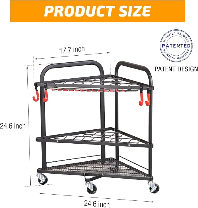 PLKOW Garden Tool Organizer with Wheels and Storage Hooks, Rolling Corner Tool Storage Rack for Garden, Shed, Garage, Powder Coated Steel, Black | 31-slot corner rack with 13 side holders, 4 removable hooks, adjustable feet, and 2 locking wheels - Image 6