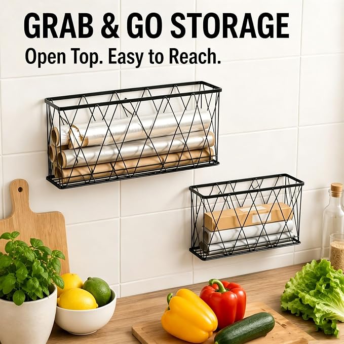Foil and Plastic Wrap Organizer, 2 Pack Wall Rack for Kitchen Pantry | Metal, cabinet door use, self adhesive hooks, open wire basket, smooth black finish, two sizes, for bags and rolls - Image 4
