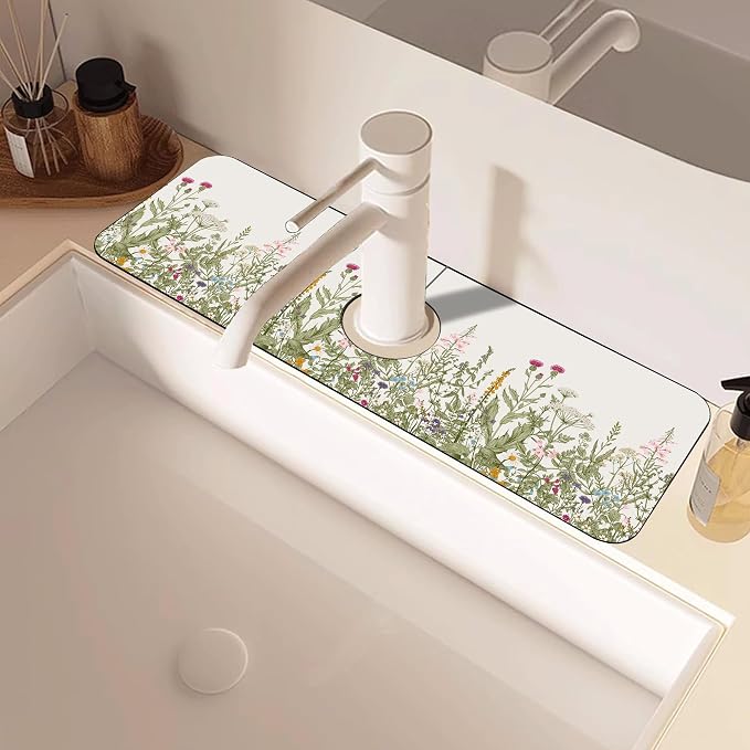 Faucet Mat for Kitchen Sink Watercolor Floral Herbs Sink Splash Guard Behind Faucet Soft Diatom Mud Material Non-slip Easy to Clean for Bathroom & Kitchen 15"X5.5" - Image 5
