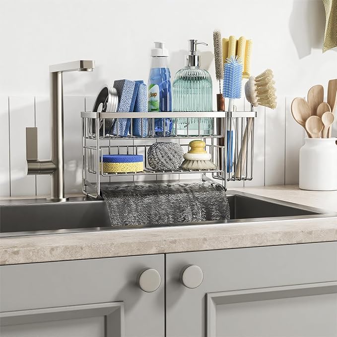 Cisily Silver 2-Tier Kitchen Sink Caddy Organzier Rack with Flexible Dish Brush Holder, Sponge Holder for Kitchen Sink Countertop Organization Storage,Home Decor Stainless Steel - Image 6