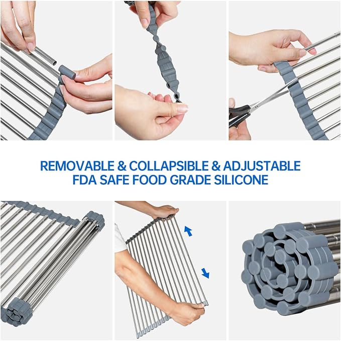 CHIRISEN Expandable Large Roll Up Dish Drying Rack, Foldable Over The Sink Dish Drying Rack, Rolling Dish Drainer Stainless Steel Roll Rack for Kitchen Sink Counter (Gray, 21.25x12.79in) - Image 7