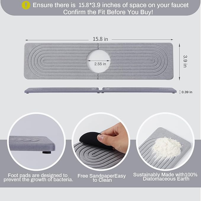 Fast Drying Stone Faucet Mat for Kitchen Sink stone quick dry around faucet | Sink Splash Guard Water Absorbing Stone Tray for Sink, Counter Protector Matt for Kitchen & Bathroom - Image 2