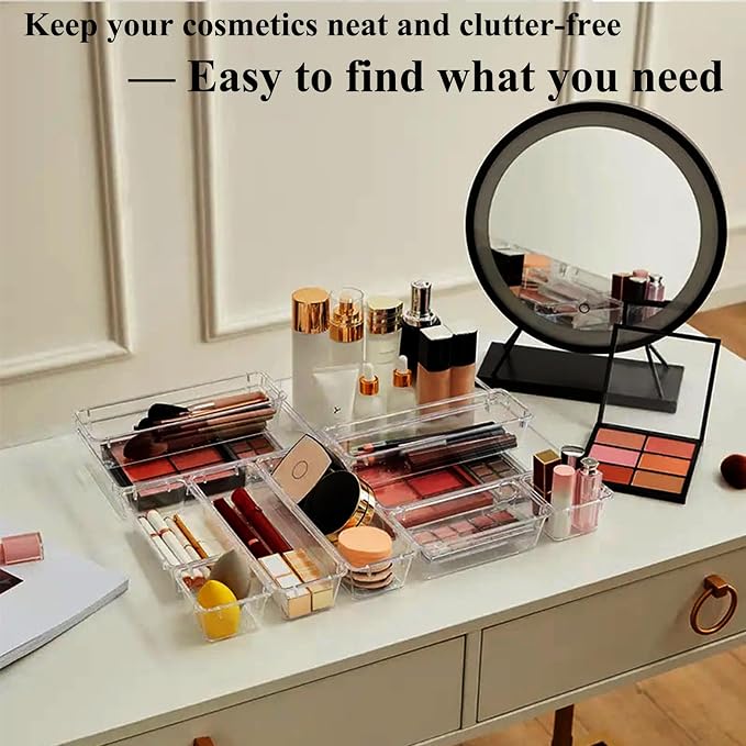 16 Pcs Upgraded Extendable Clear Drawer Organizer, Adjustable Vanity Storage Box, 3-Size Desk Drawer Organizer, Durable Storage Bins for Makeup, Cosmetic, Bedroom Dressers Tool Organizer for Gadgets - Image 7