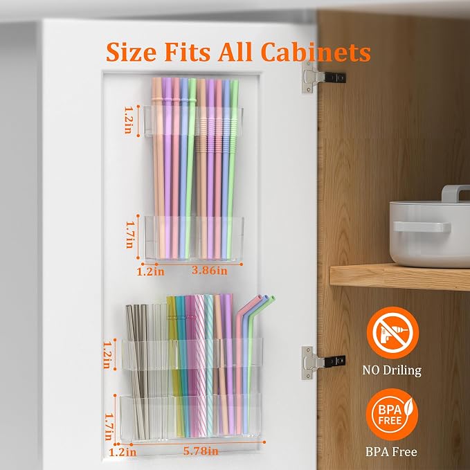 Small Acrylic Straw Holder for Cabinet Door, Adjustable Two-Part | 2 Pack Reusable Straws Organizer with Ultra Sticky Adhesive Strips, 2026 Straw Storage for Kitchen Cupboard - Image 2